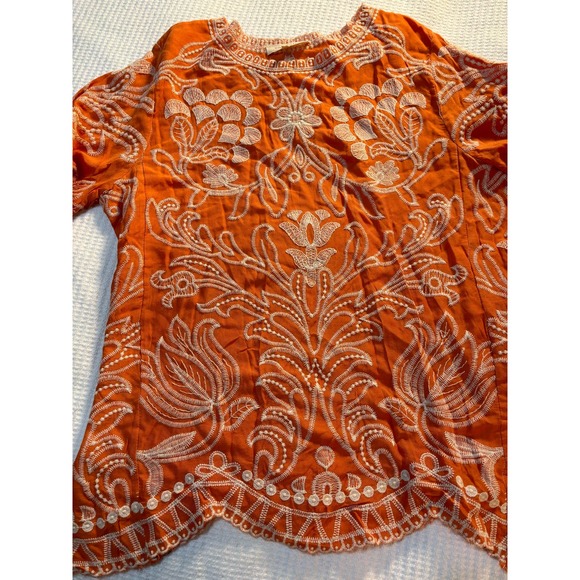 Embroidered‎ Tunic Top Bohemian Style Short Sleeve Orange Color - Size Free - Picture 1 of 5
